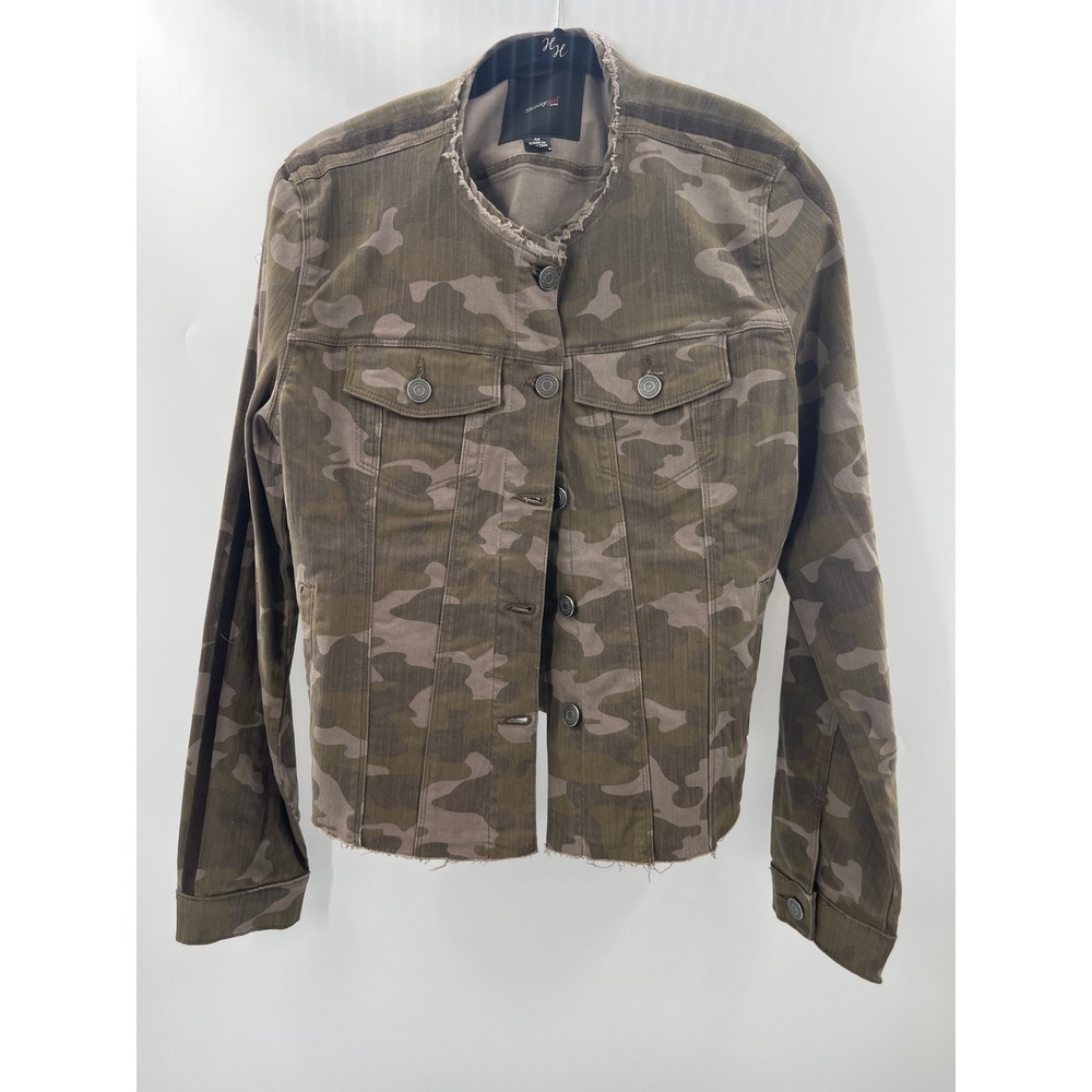 Skinnygirl Jeans Camo Jacket Womens Medium Green Camouflage Frayed Hem Stripe
